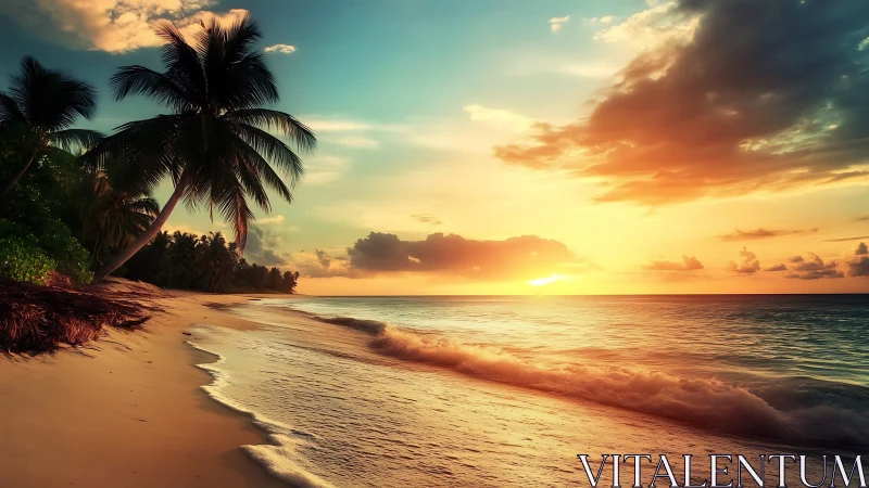 Golden sunset bathes a tranquil tropical palm-lined beach