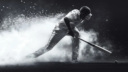 Baseball batter captured mid-swing with dispersed infield dust