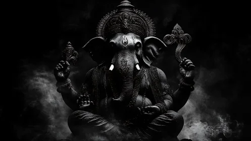 Dark-toned Ganesha statue with ornate headdress and symbols.