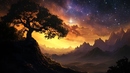 Solitary tree overlooks a luminous sunset over jagged peaks