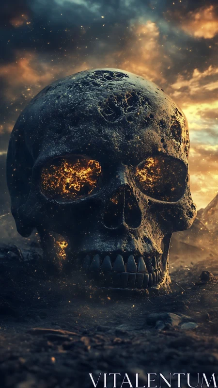 Molten-eyed skull glows against a stormy, fading sky