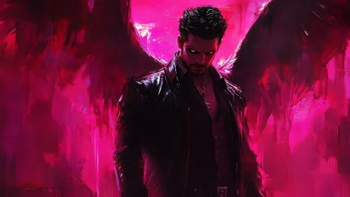 Dark-winged antihero amid neon pink inferno glow.