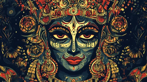 Symmetric ornamental deity visage in dense chromatic vector field.