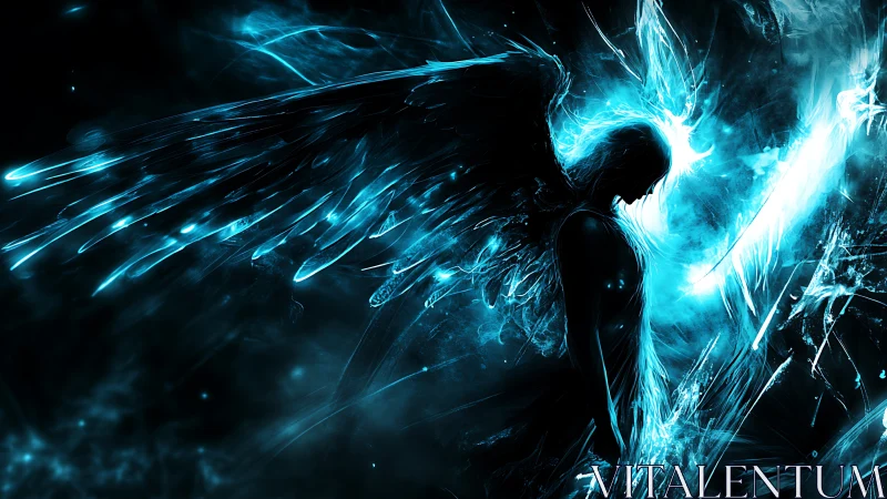 Luminous winged guardian rises from swirling cosmic shadows