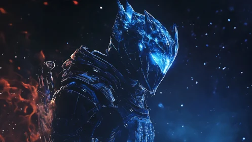 Ice armored warrior with fiery blue helmet glow profile.