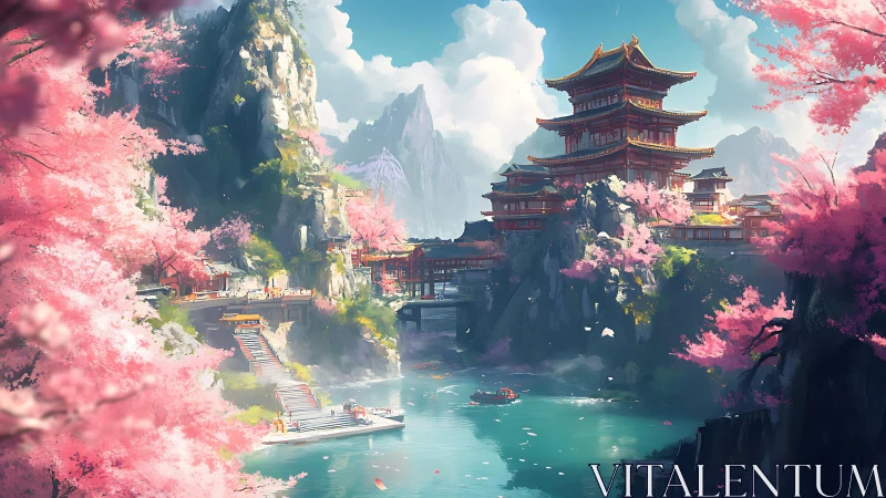 Riverside pagoda complex amid pink blossom mountain gorge.