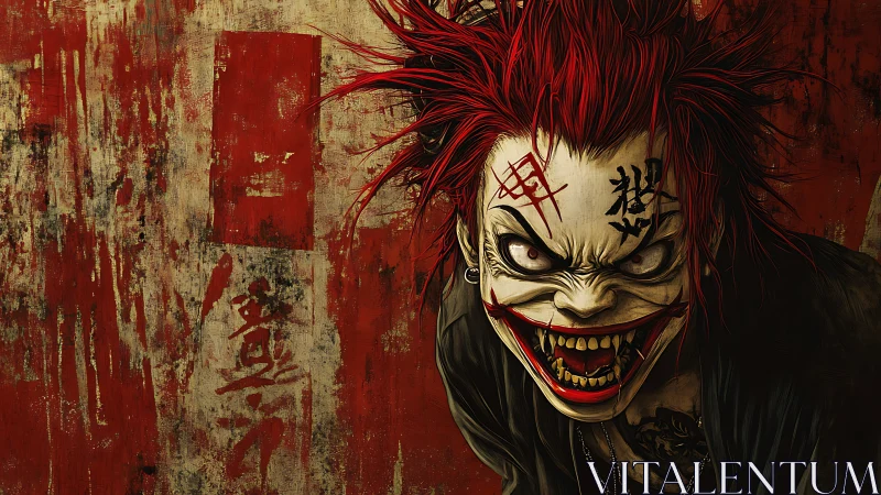 Sinister red‑haired demon punk with manic grin portrait.