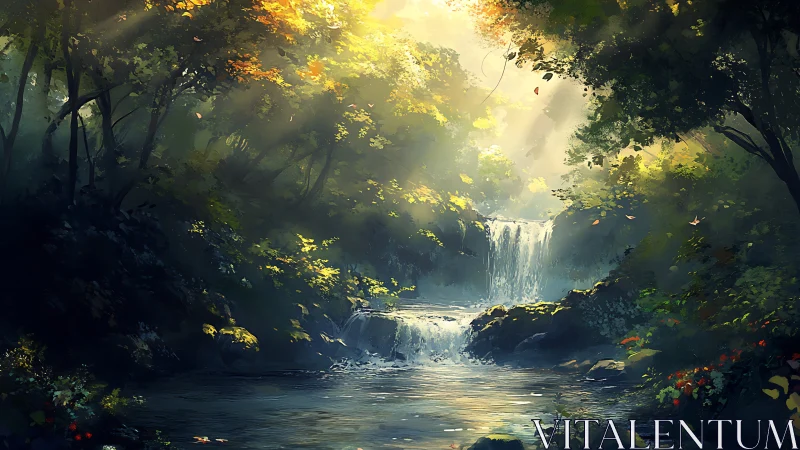 Sunlit Waterfall Through Ancient Forest.