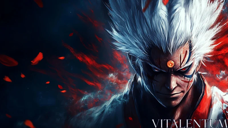 White-haired demonic warrior portrait with fiery chakra eye