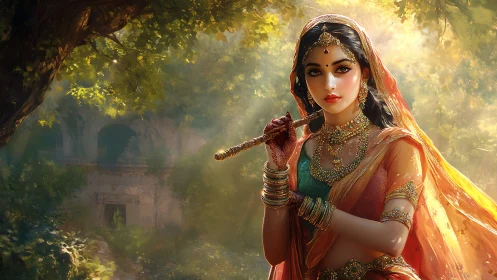 Woman in ornate attire holding flute in forest light.