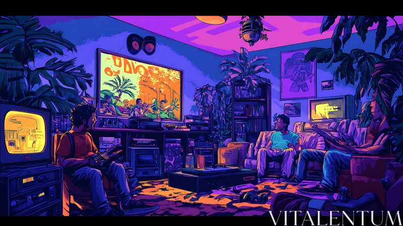 Retro gaming lounge with neon palette and friends gathered.