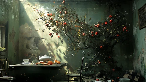 Overgrown apple tree penetrates derelict dining room wall