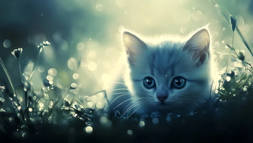 White kitten with blue eyes surrounded by glowing meadow bokeh.