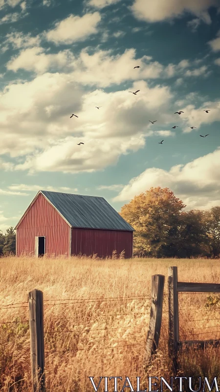 Quiet red barn under wandering birds and honeyed prairie sky.