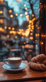 Cozy window cafe latte with twinkling evening lights.