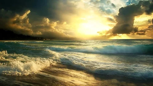 Dramatic Ocean Sunset with Breaking Waves in Vivid Colors.