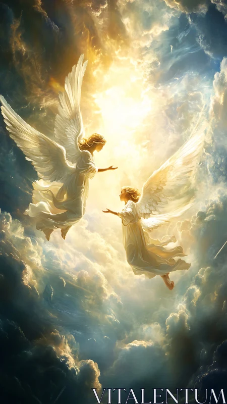 Luminous celestial angels ascending through radiant cloud vortex
