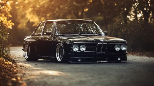 Stanced classic BMW sedan under warm golden hour bokeh glow.