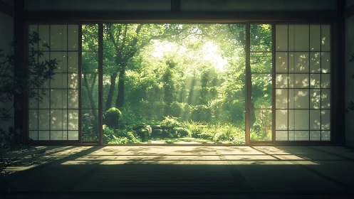 Traditional tatami room opening to sunlit forest garden.