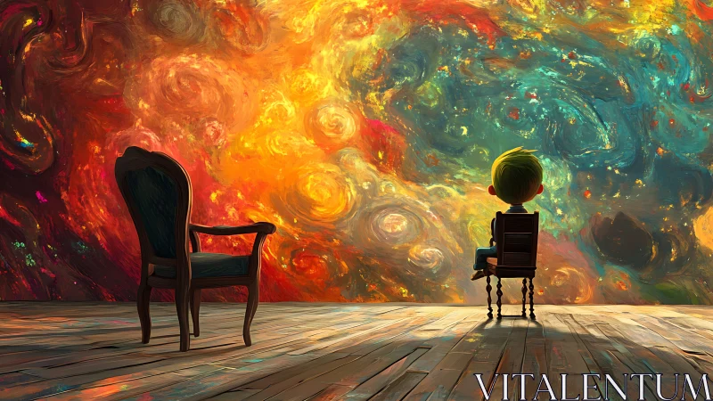 Boy sits before swirling cosmic mural on wooden floor