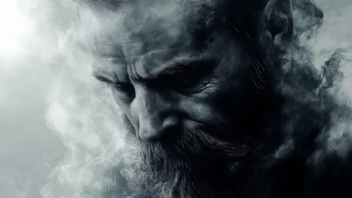 Weathered bearded man emerging from swirling smoke.