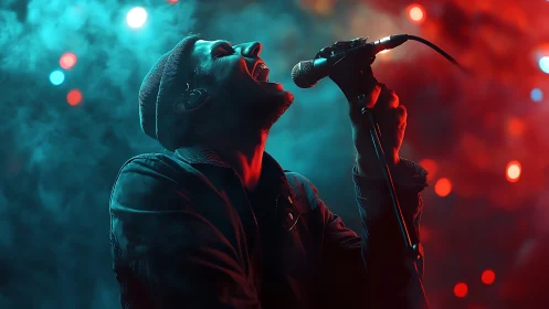 Male vocalist performs on stage under red and blue lighting