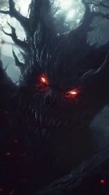 Sinister demonic tree spirit with glowing red eyes in foggy forest.