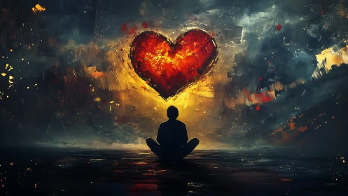 Silhouetted Figure Meditation Before Luminous Heart Symbol