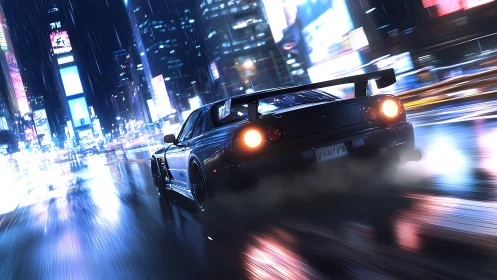 Neon night racer slicing rainlit cybercity streets.