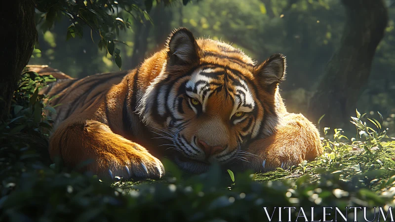 Resting tiger in dappled forest light, intense amber gaze.