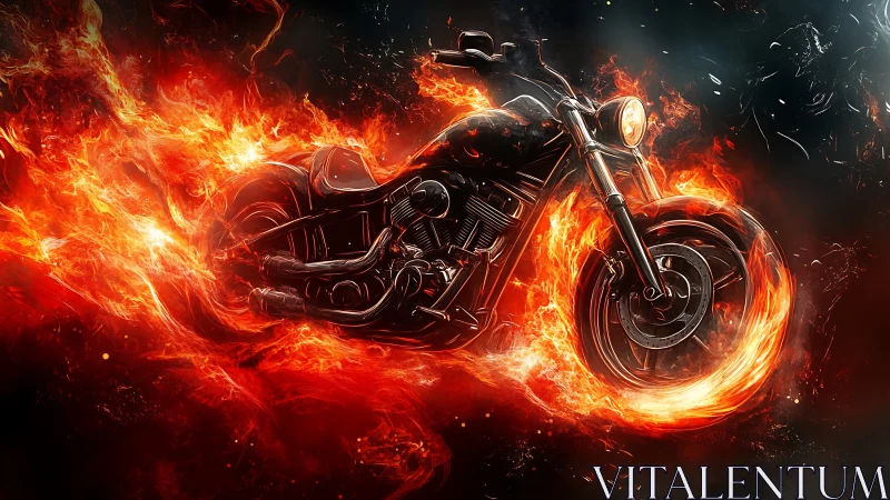 Flaming motorcycle roars through swirling inferno night sky.