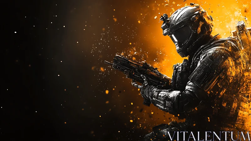 Armored sci fi soldier rendered in high contrast explosive orange field