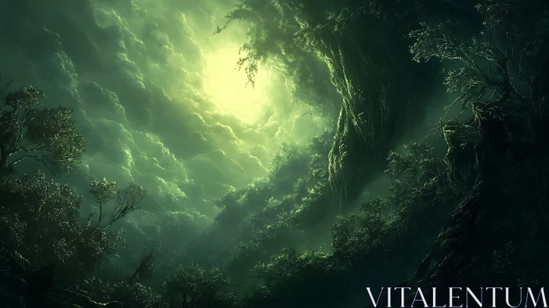 Luminous Forest Canyon with Atmospheric Light Break.