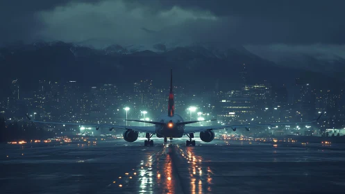 Night runway departure before luminous city skyline.