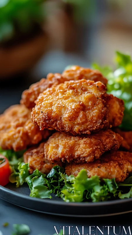 Crispy Fried Cutlets Stacked on Greens with Selective Focus