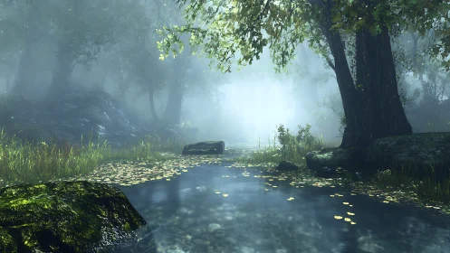 Volumetric atmospheric landscape with spectral light refraction through dense canopy structure
