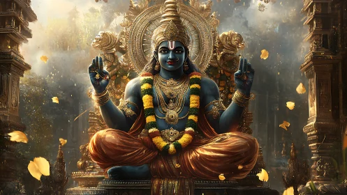 Serene blue deity enthroned in cascading golden temple light.