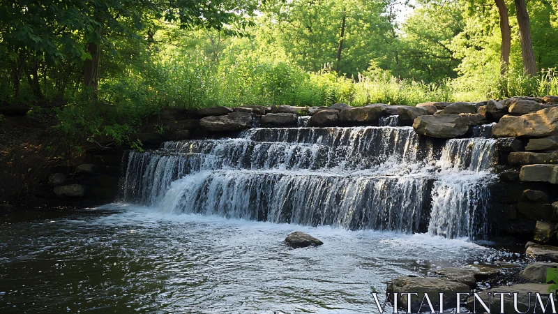 Tiered stone weir waterfall dispersing stream flow through forest