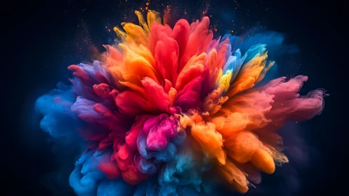 Vibrant radial burst of multicolored digital paint cloud.