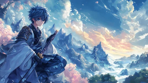 Blue-haired katana sentinel over luminous sakura mountains.