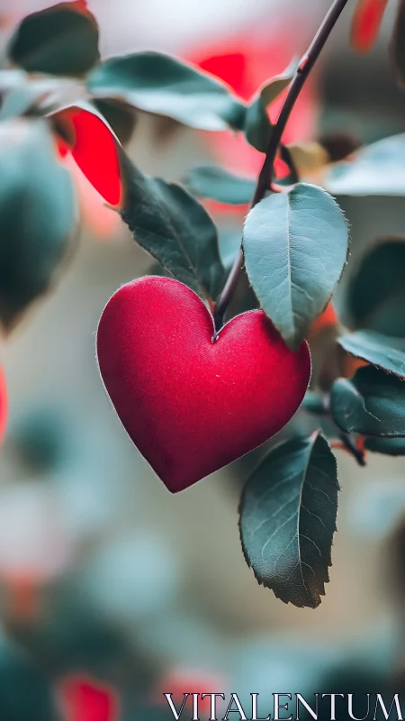 Red heart-shaped ornament hanging from branch with teal leaves