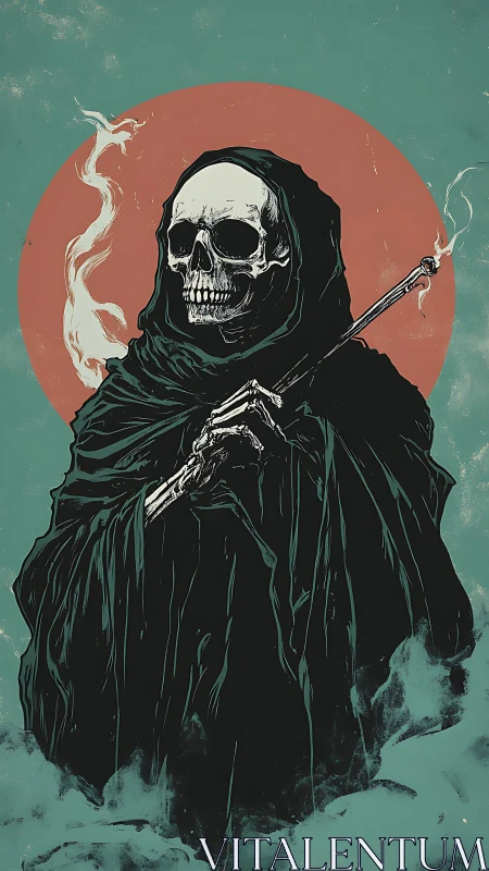 Calm reaper figure wrapped in teal mist and silent smoke.