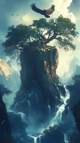 Eagle above the skyfall citadel and its ancient summit tree.