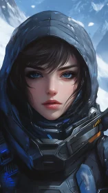 Digital painting portrait of armored iceworld scout in profile focus.