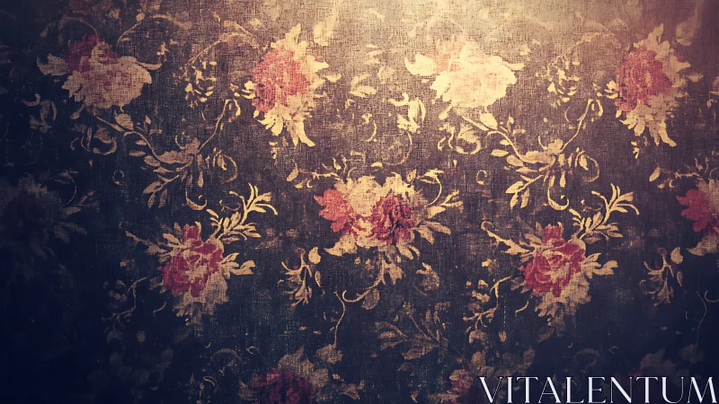 Faded floral wallpaper glows under warm vintage light