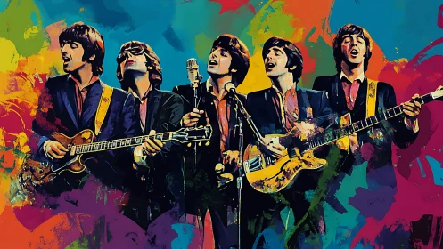 Color-saturated band performance portrait against abstract paint