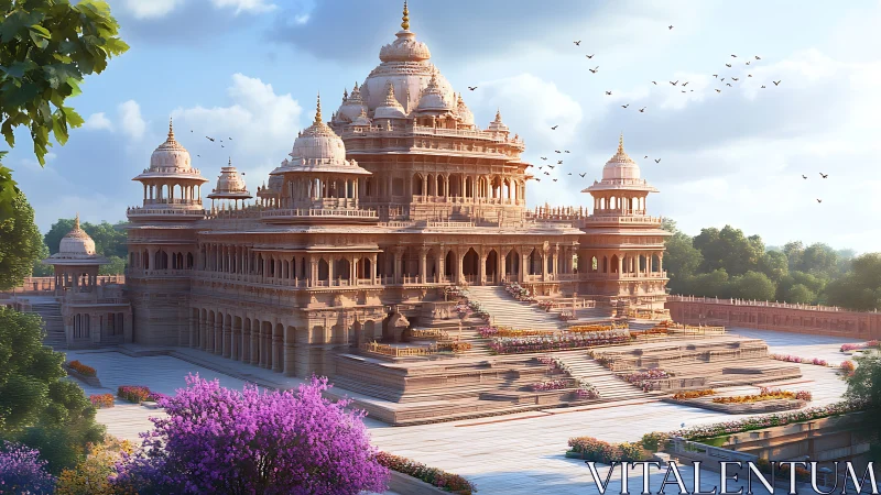 Stone temple complex with tiered domes in landscaped plaza.