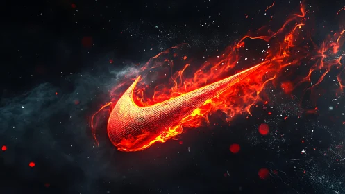 Nike Swoosh Symbol Engulfed in Flames Against Dark Background.