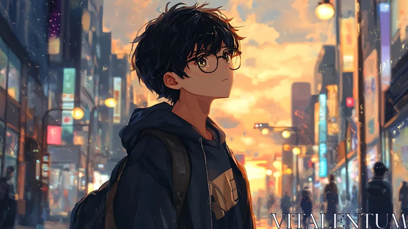 Pensive teen walks neon city street under warm sunset glow