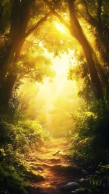 Forest pathway with sunlight penetration through canopy.